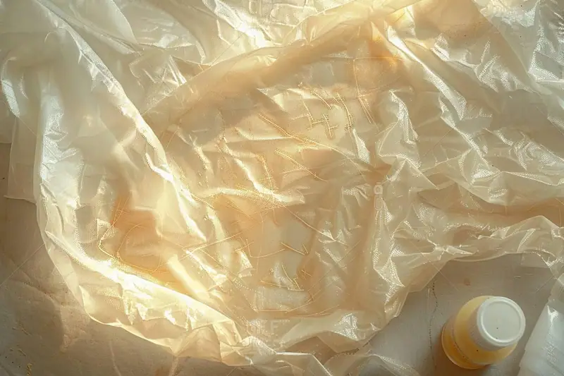 Tissu blanc froissé étalé près d’un petit flacon jaune à bouchon blanc