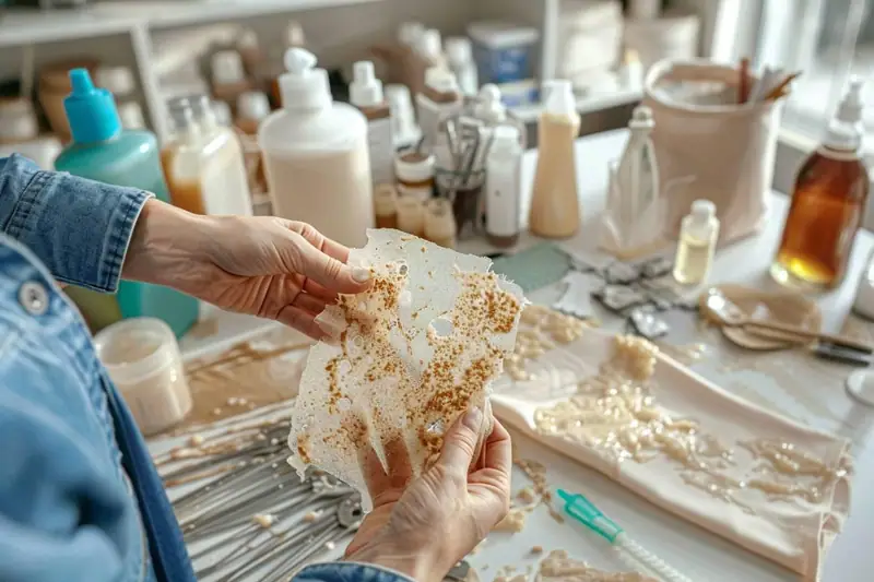 Deux mains tiennent un tissu blanc taché de résidus beiges sur une table encombrée de flacons