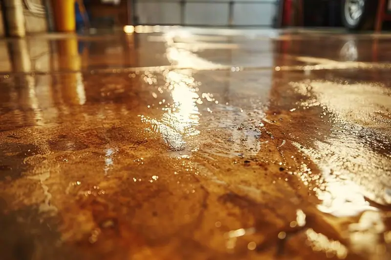 Sol en béton mouillé couvert de larges traces brun foncé dans un garage éclairé