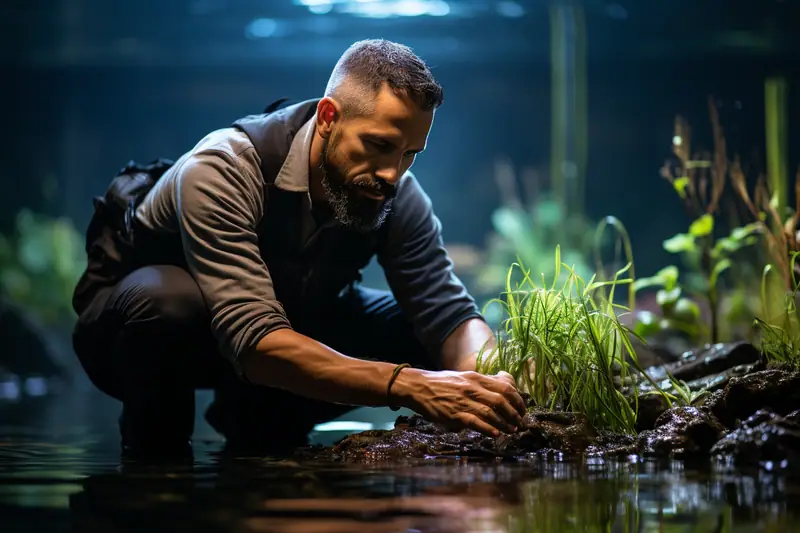 Un homme accroupi ajuste des plantes vertes dans un aquarium aux roches sombres
