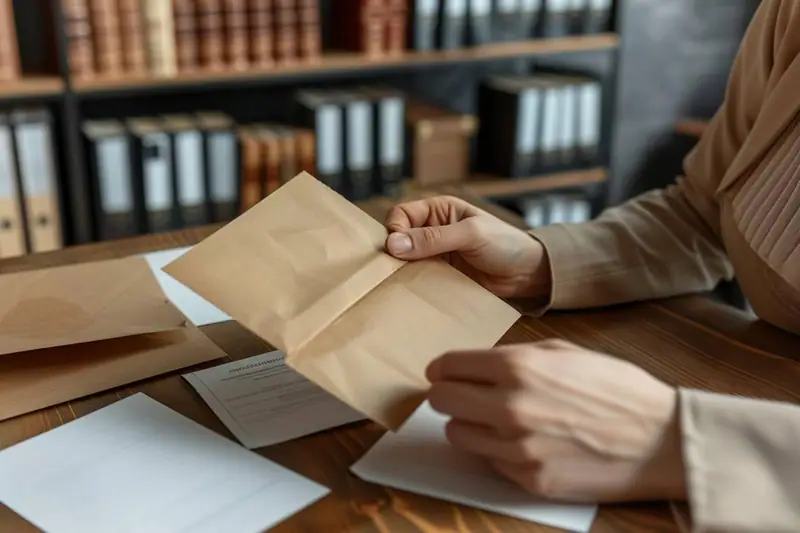 Des mains tiennent une enveloppe kraft au-dessus de documents posés sur une table en bois