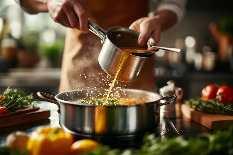 Une personne verse un liquide doré d’une petite casserole dans une marmite en inox fumante