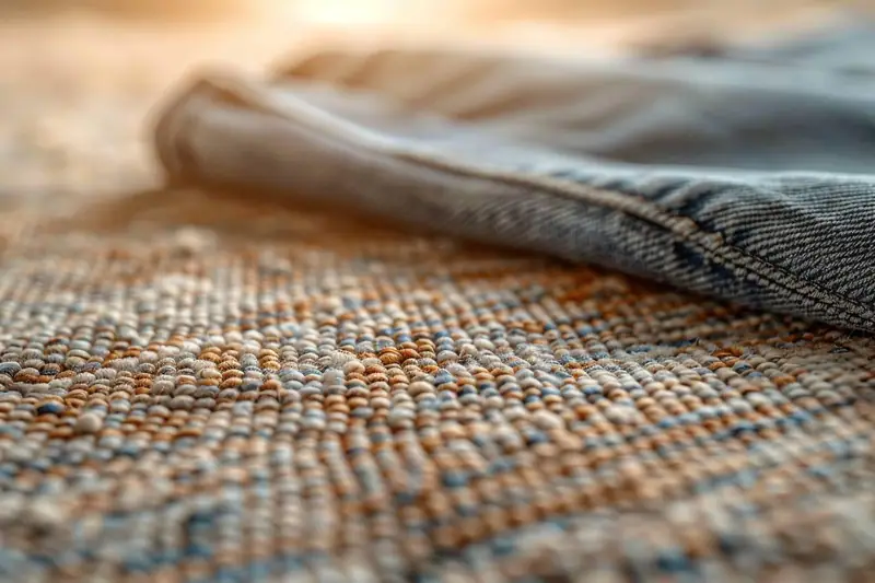 Ourlet de jean gris posé sur un tissu tissé beige et bleu en gros plan