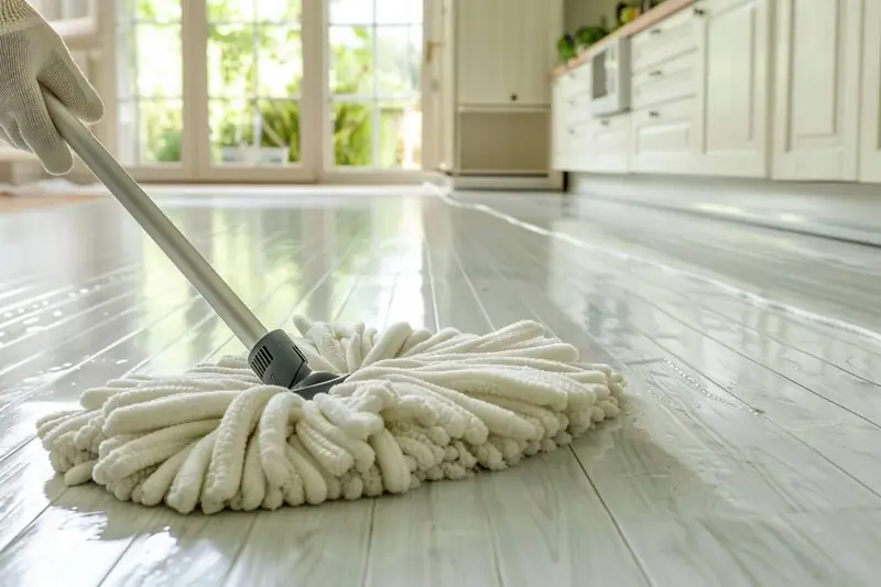 Une main gantée passe une serpillière blanche sur un sol clair mouillé de cuisine