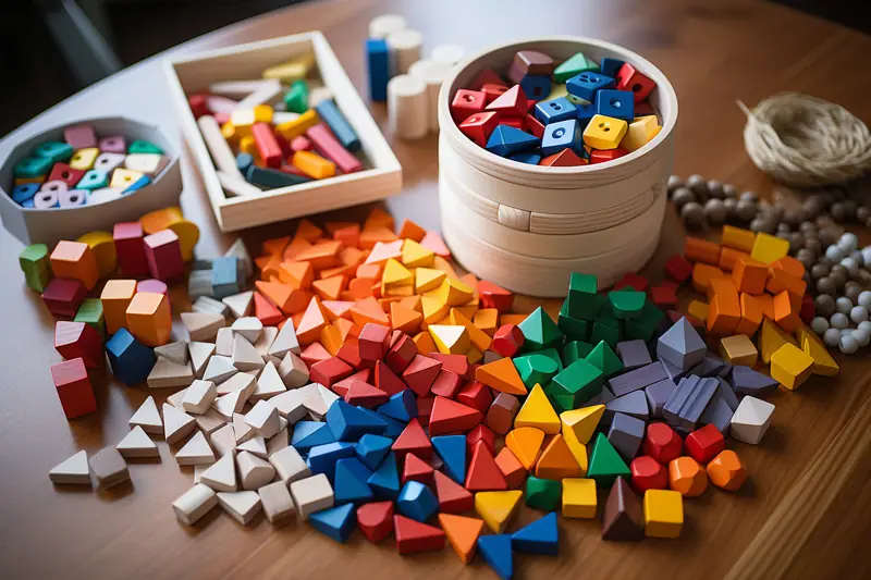 Pièces géométriques en bois coloré éparpillées sur une table, avec boîtes et perles à côté
