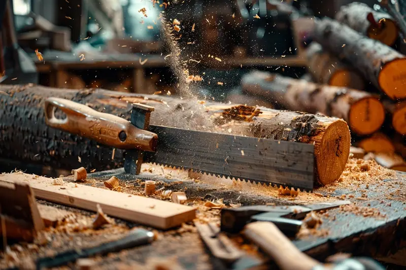 Une scie à main coupe une bûche, projetant sciure et copeaux sur un établi encombré
