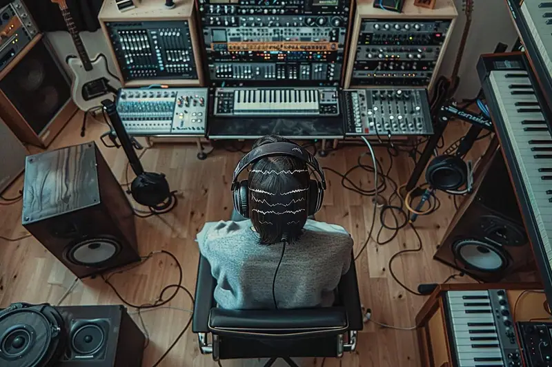 Personne casquée assise devant des consoles audio, entourée de câbles, enceintes, guitares et claviers