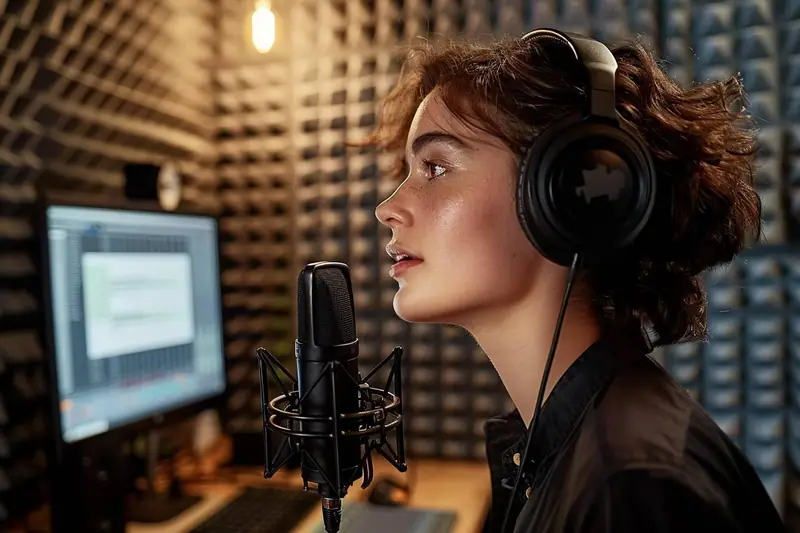Femme portant un casque parle devant un microphone dans un studio aux murs insonorisés