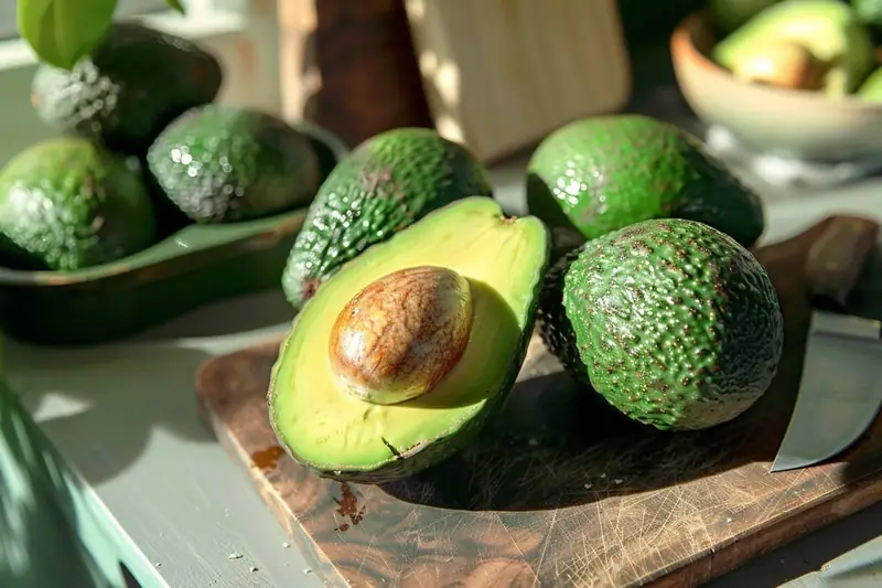 Un avocat coupé avec noyau repose sur une planche en bois entouré d’avocats entiers verts