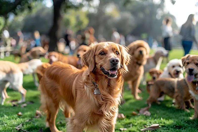 Un golden retriever haletant se tient parmi plusieurs chiens sur une pelouse de parc