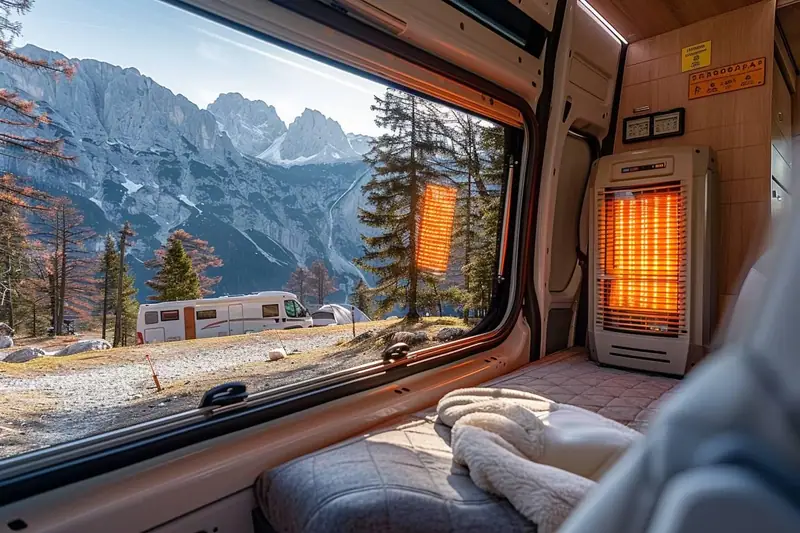 Radiateur électrique orange allumé près d’une fenêtre ouverte sur des montagnes enneigées et des camping-cars