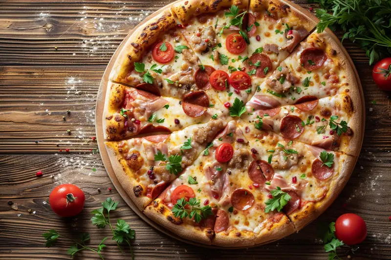 Pizza garnie de fromage, jambon, tomates cerises, champignons et herbes sur une table en bois farinée