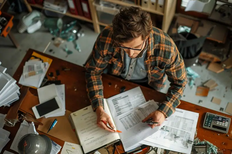 Une personne remplit des formulaires sur un bureau couvert de papiers et de verre brisé