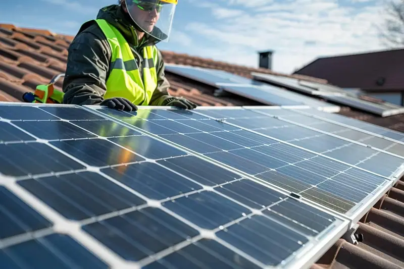 Un ouvrier en gilet jaune ajuste un panneau solaire sur un toit de tuiles rouges