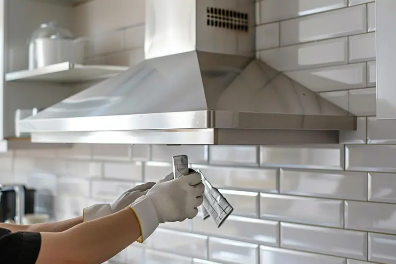 Des mains gantées nettoient une hotte inox devant un mur de carreaux blancs brillants