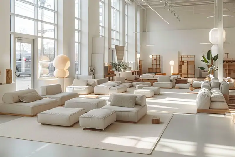 Canapés modulaires beige clair disposés sur estrades dans un vaste showroom aux baies vitrées