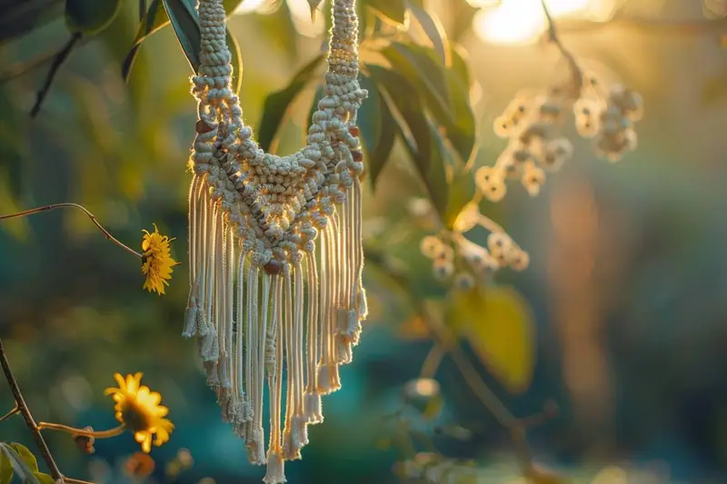 Collier en macramé beige à longues franges suspendu devant des feuilles et fleurs jaunes