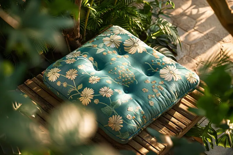 Coussin turquoise à motifs floraux posé sur un banc en bois parmi des plantes vertes