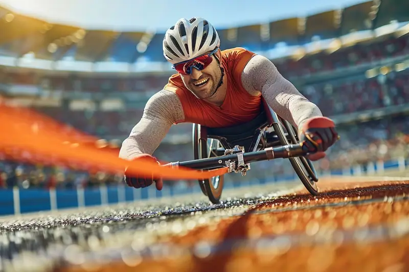 Un homme casqué, vêtu de rouge, propulse un fauteuil roulant de course sur une piste de stade