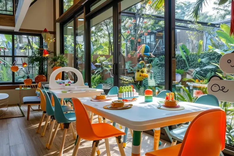 Tables blanches entourées de chaises orange et turquoise, avec jouets et assiettes colorées près de grandes baies vitrées