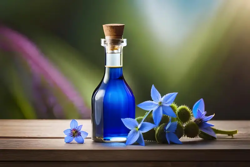 Flacon en verre bleu bouché de liège, posé sur une table avec des fleurs bleues