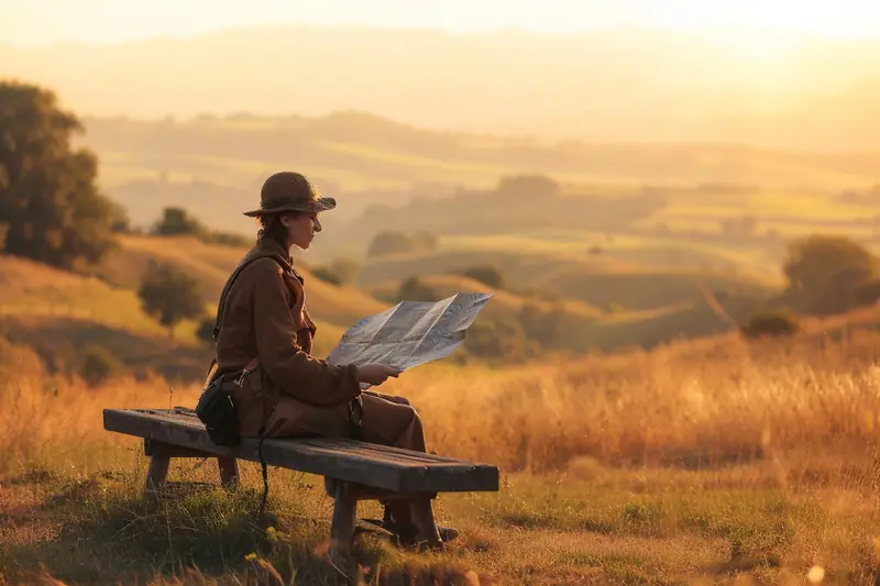Une personne assise sur un banc lit une carte dans un champ doré au coucher du soleil