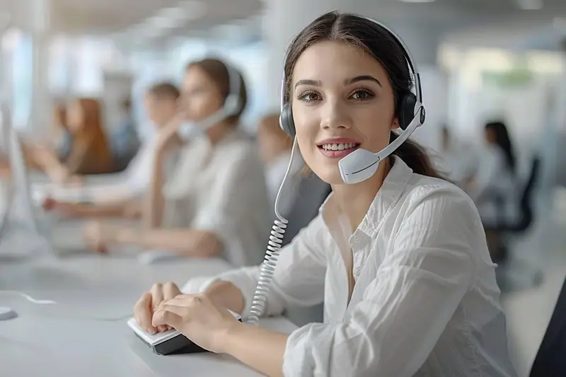 Femme en chemise blanche portant un casque-micro et tapant sur un clavier dans un bureau partagé