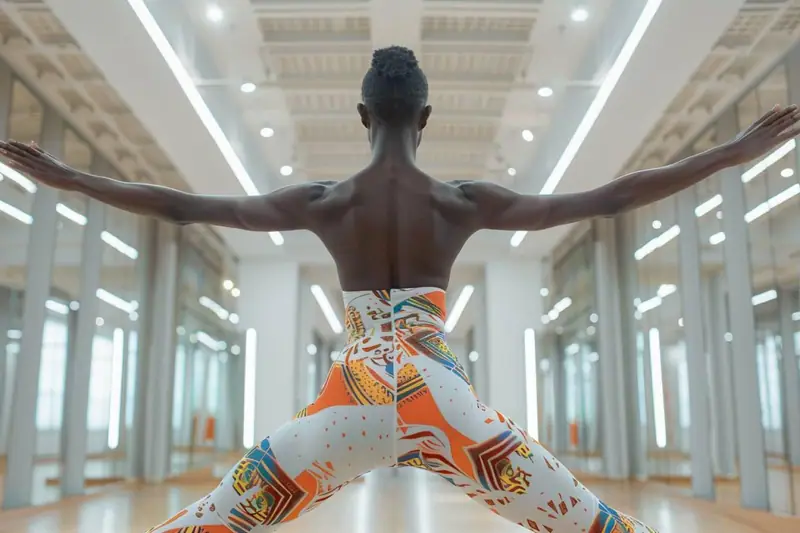 Une personne en tenue colorée écarte les jambes et tend les bras dans une salle lumineuse