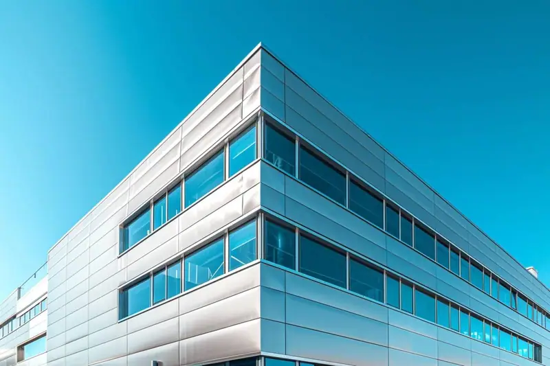 Façade angulaire d’un bâtiment moderne en panneaux métalliques gris et longues fenêtres bleutées sous ciel clair