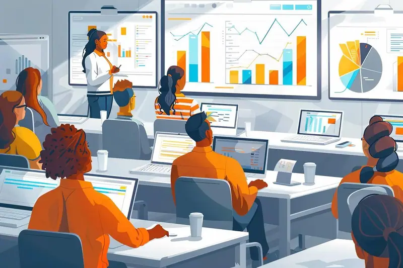 Une formatrice présente des graphiques sur écran devant des participants assis avec ordinateurs portables