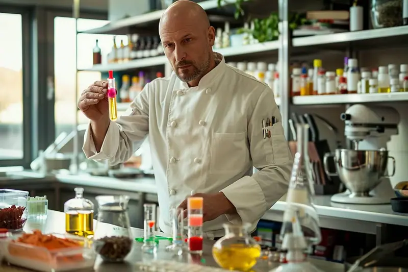 Un homme en veste blanche tient un tube de liquide jaune dans une cuisine équipée