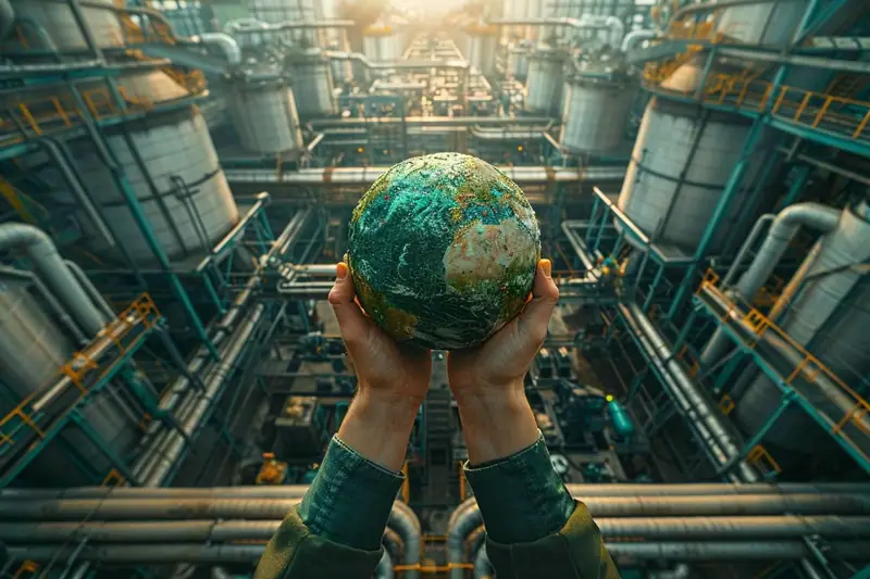 Deux mains tiennent un globe terrestre devant des cuves, tuyaux et passerelles métalliques d’usine