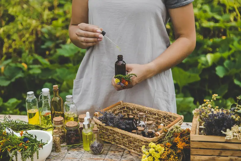 Une personne remplit un flacon compte-gouttes parmi des plantes, fleurs séchées et huiles en bouteilles
