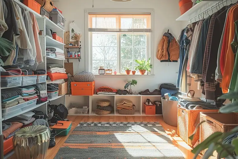 Dressing étroit avec étagères, vêtements suspendus, boîtes orange, panier tressé et tapis rayé près d’une fenêtre