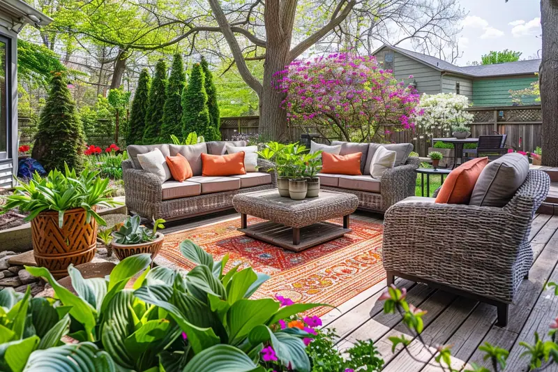 Salon de jardin en rotin avec coussins orange, tapis coloré et plantes fleuries sur terrasse en bois