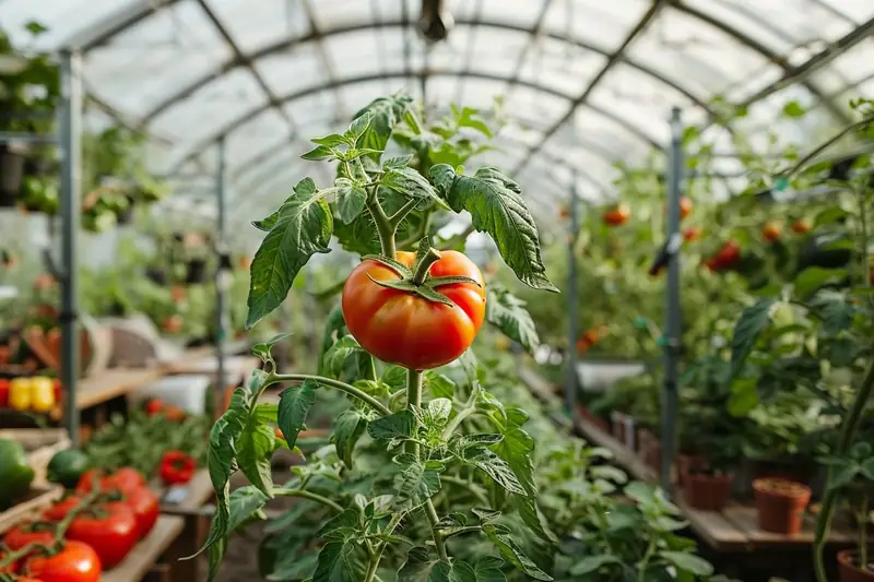 Un plant de tomate porte un gros fruit rouge au centre d’une serre vitrée