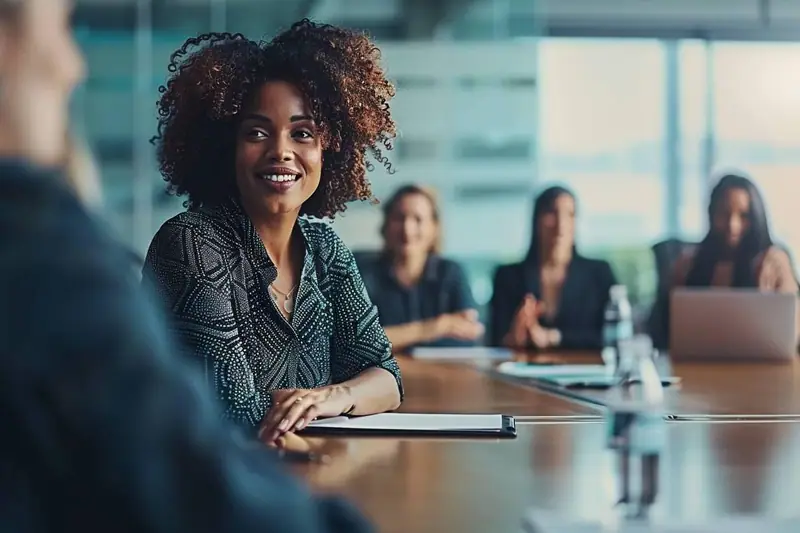 Femme souriante assise à une table de réunion, face à plusieurs collègues avec ordinateurs portables