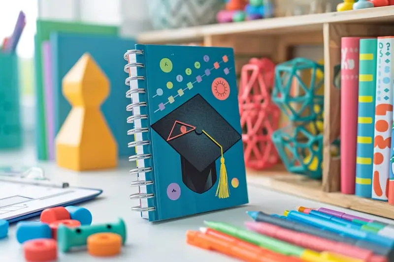 Cahier bleu décoré d’un chapeau de diplômé posé sur un bureau avec feutres colorés