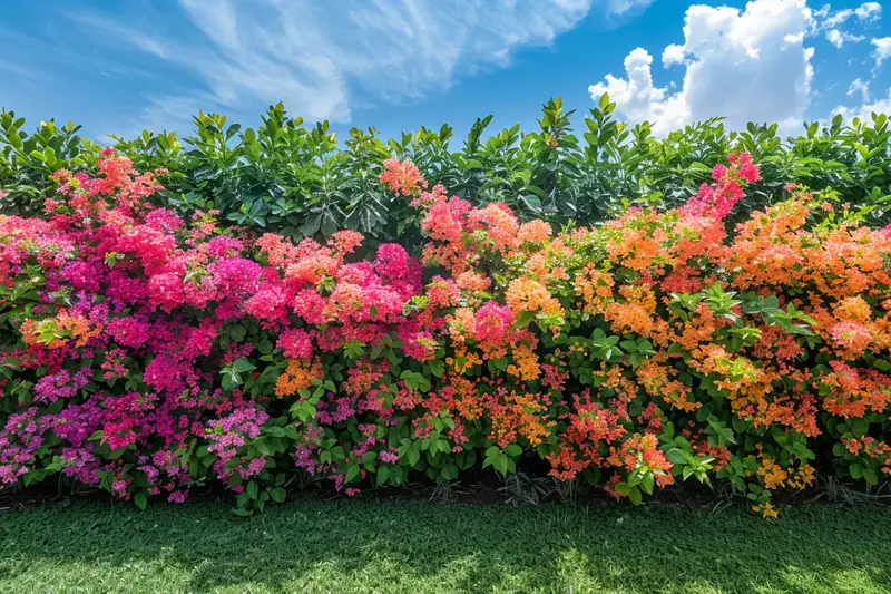 Haie dense couverte de fleurs roses, rouges et orange devant une pelouse verte sous ciel bleu