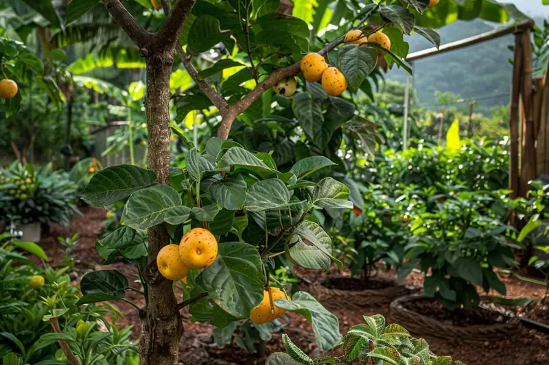 Petit arbre aux fruits jaunes ronds entouré de feuillage vert dans un jardin tropical