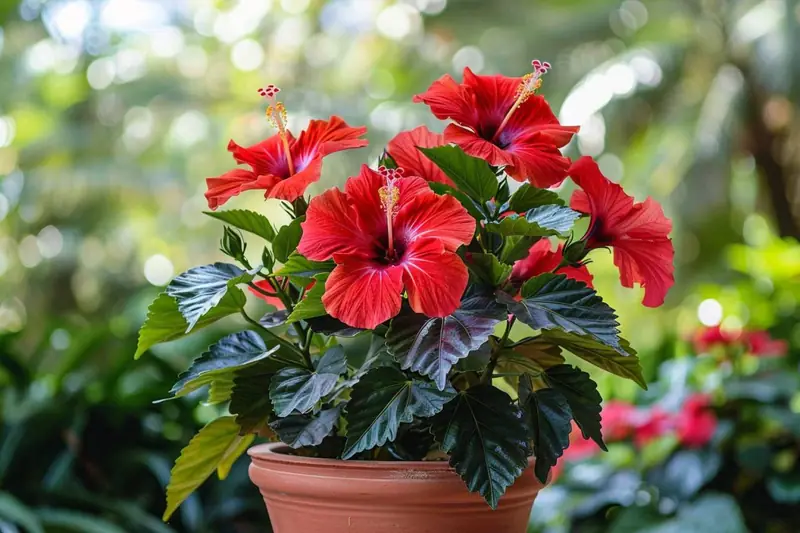 Hibiscus en pot de terre cuite, aux grandes fleurs rouges et feuilles vert foncé