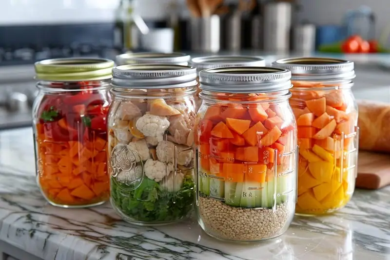 Cinq bocaux en verre remplis de légumes, céréales et morceaux de viande sur un plan de travail en marbre