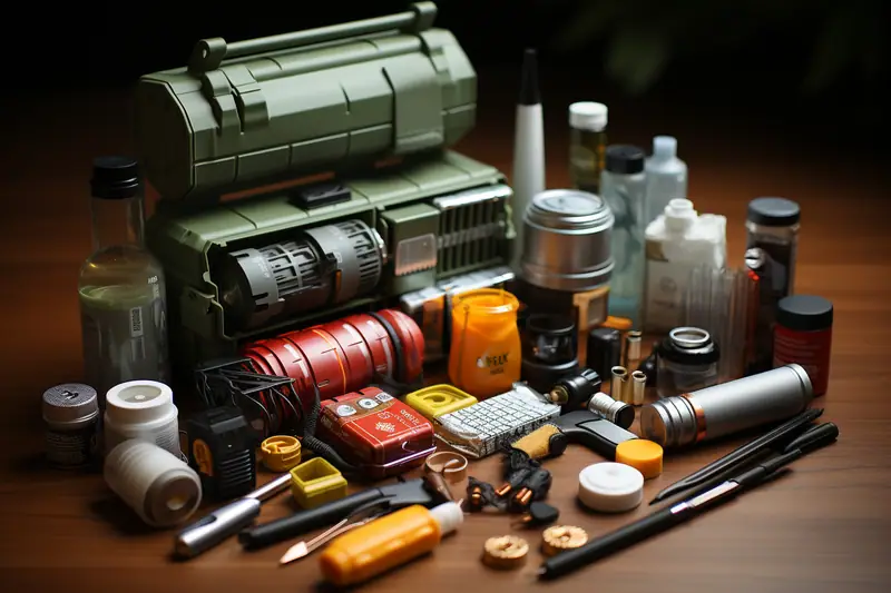 Boîte verte ouverte entourée de lampes, piles, flacons, pansements et outils sur une table en bois
