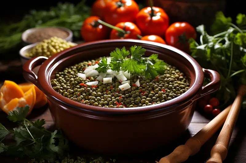 Bol en terre cuite rempli de lentilles vertes, dés de légumes et persil frais sur une table en bois