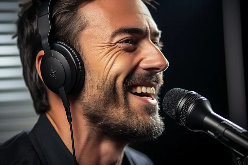 Homme souriant portant un casque noir et parlant dans un microphone sur pied noir