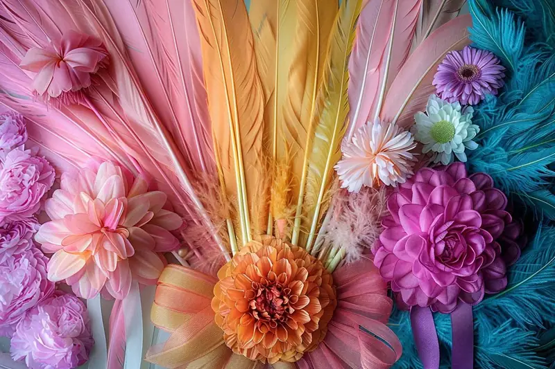 Fleurs artificielles multicolores, plumes roses, jaunes et turquoise, rubans et tulle disposés en éventail