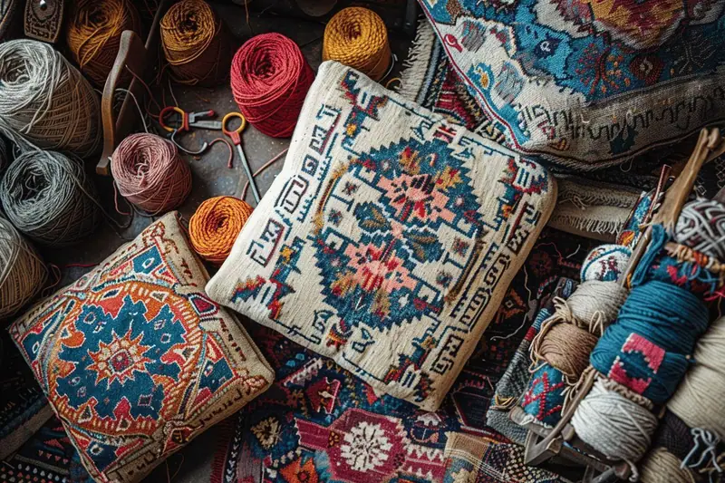 Deux coussins à motifs géométriques entourés de pelotes, ciseaux et fils colorés sur des tapis tissés