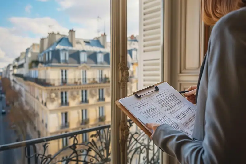 Une personne tient un clipboard avec des documents devant une fenêtre ouverte sur des immeubles parisiens