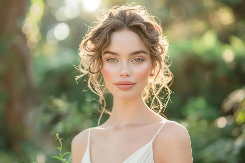 Femme aux cheveux relevés portant une robe blanche à fines bretelles devant un feuillage flou