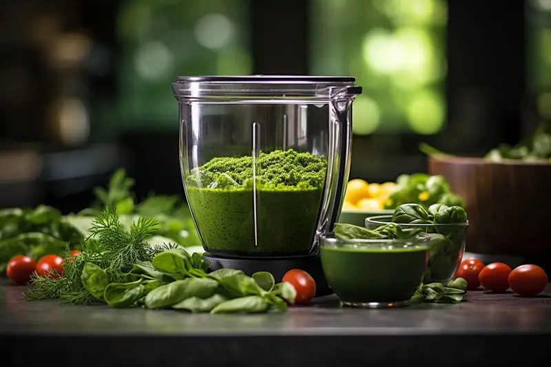Blender rempli de préparation verte entouré d’épinards, d’herbes fraîches, de tomates et d’un verre vert